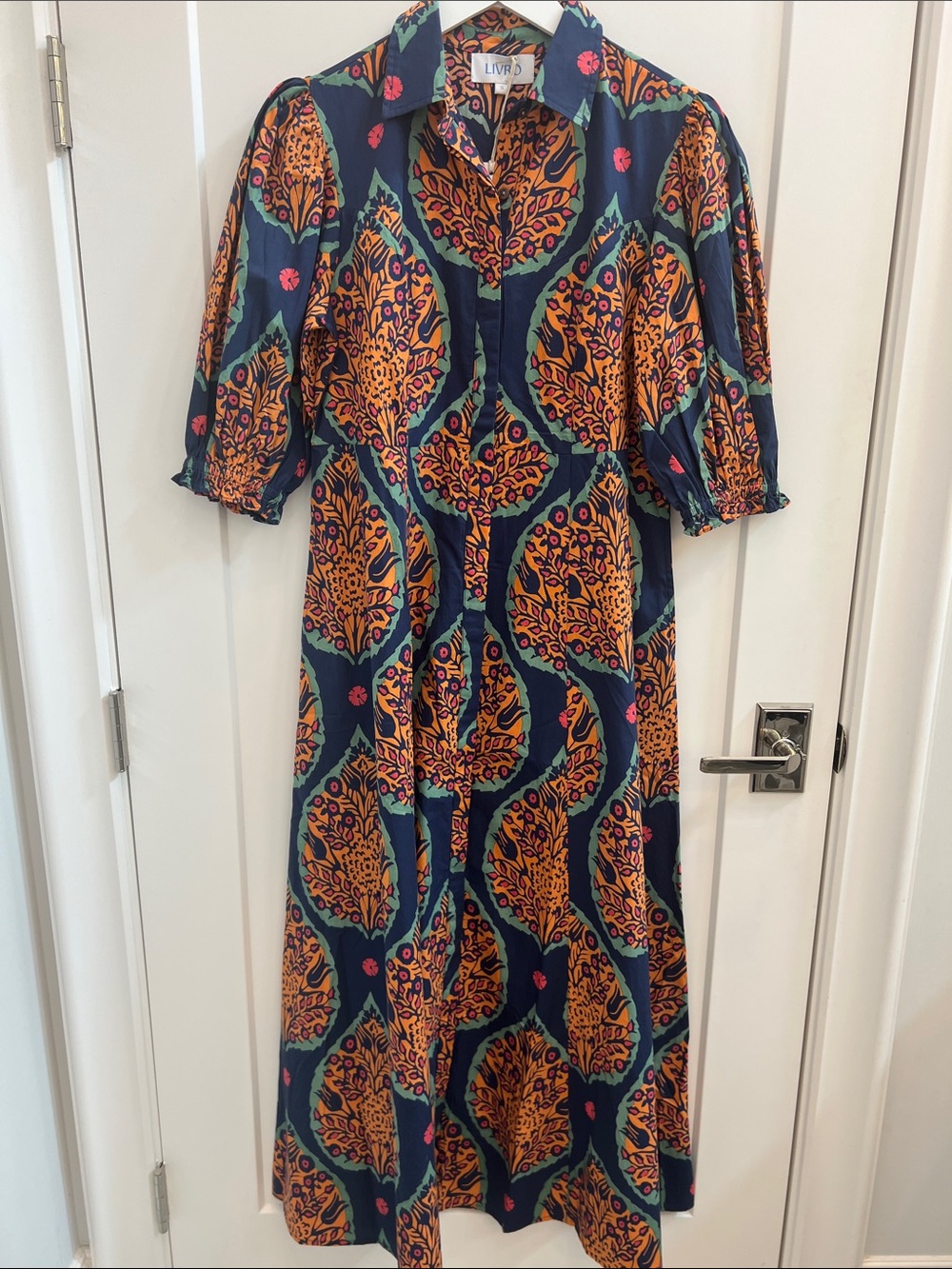 LIVRO Navy Maxi Dress with Orange Print